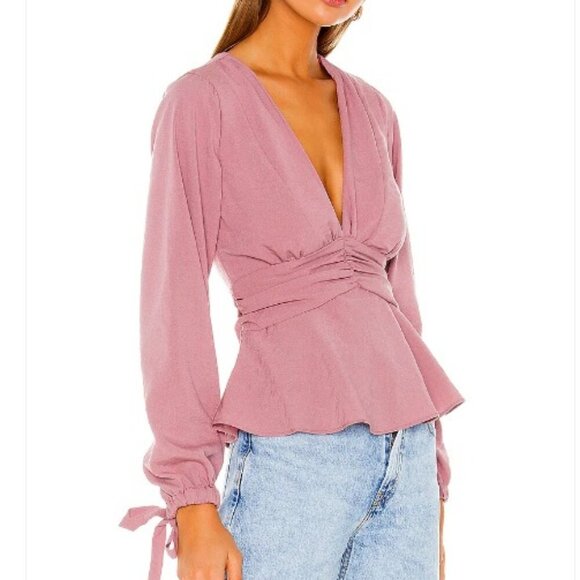 Tularosa Tops - NWT TULAROSA Phoenix Ruched Deep V-Neck Blouse Long Sleeve Tie Cuffs Pink SM